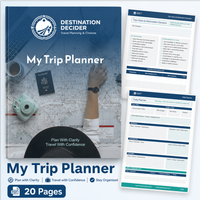 Home 13 Destination Decider My Trip Planner — a 20-page printable trip planner, shown with sample interior worksheet pages